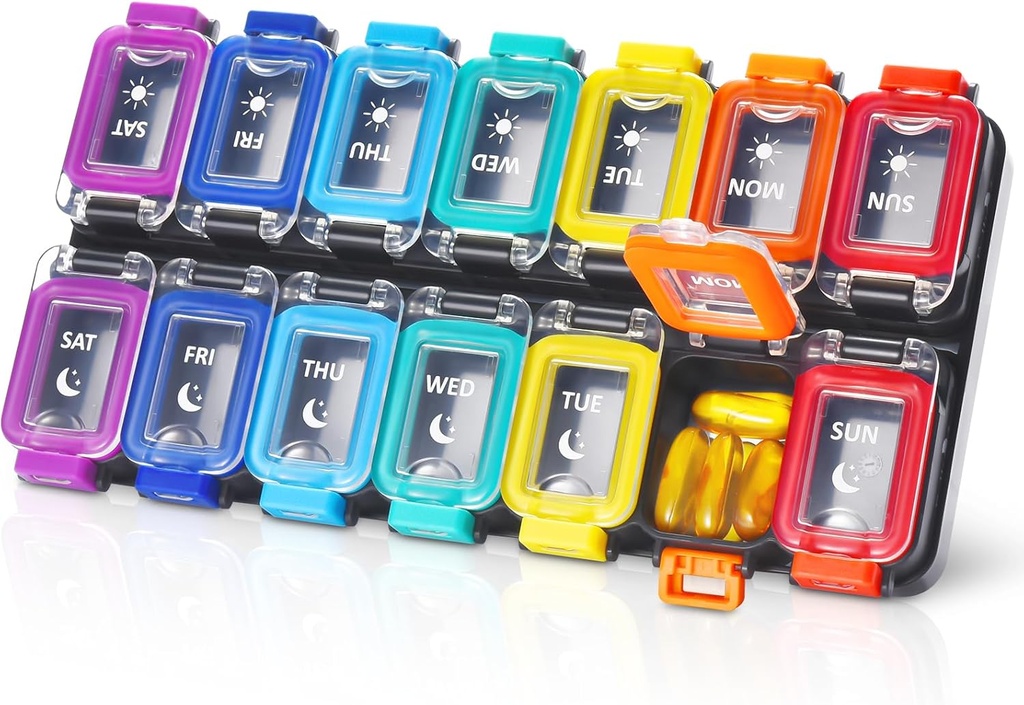 Fullicon Moisture Proof Pill Organizer 2 fois par jour, grand boîte de 7 jours, cas de preuve de déversement, conteneur de voyage, organisateur de médicaments avec des lids sécurisés (Rainbow Black)