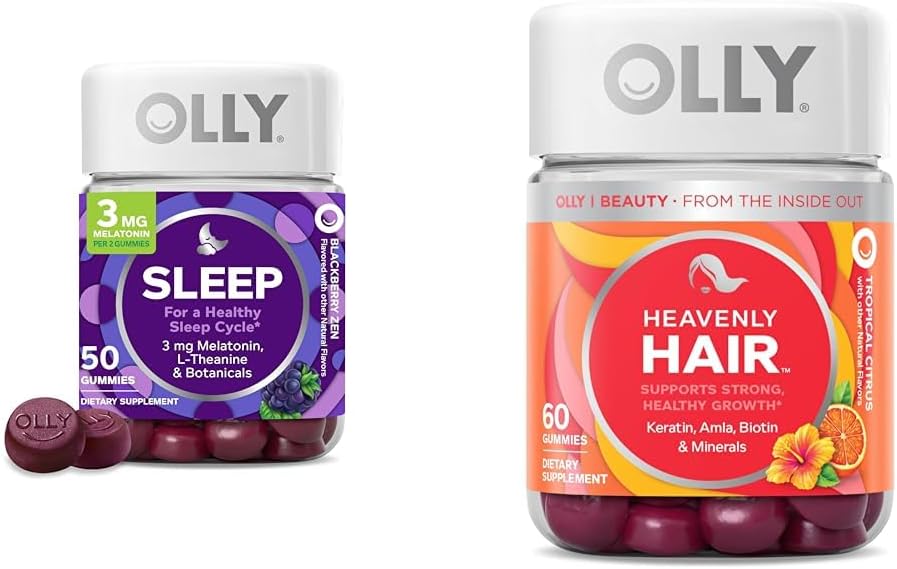 Gummy de sommeil OLLY avec Mélatonine, L-Theanine, Botaniques, BlackBerry Flavor, 50 Gummy de comte et cheveux célestes avec kératine, biotine, AMLA, Tropical Orange Flavor, 60 Count Bundle