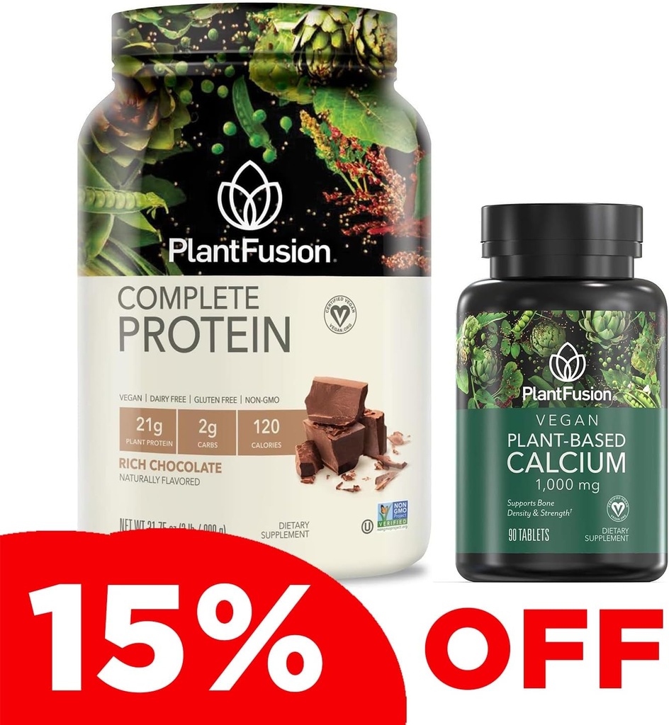 PlantFusion Complete Vegan Protein Powder & Calcium Bundle - Poudre de protéines à base végétale avec BCAA, enzymes digestives et protéines de pois