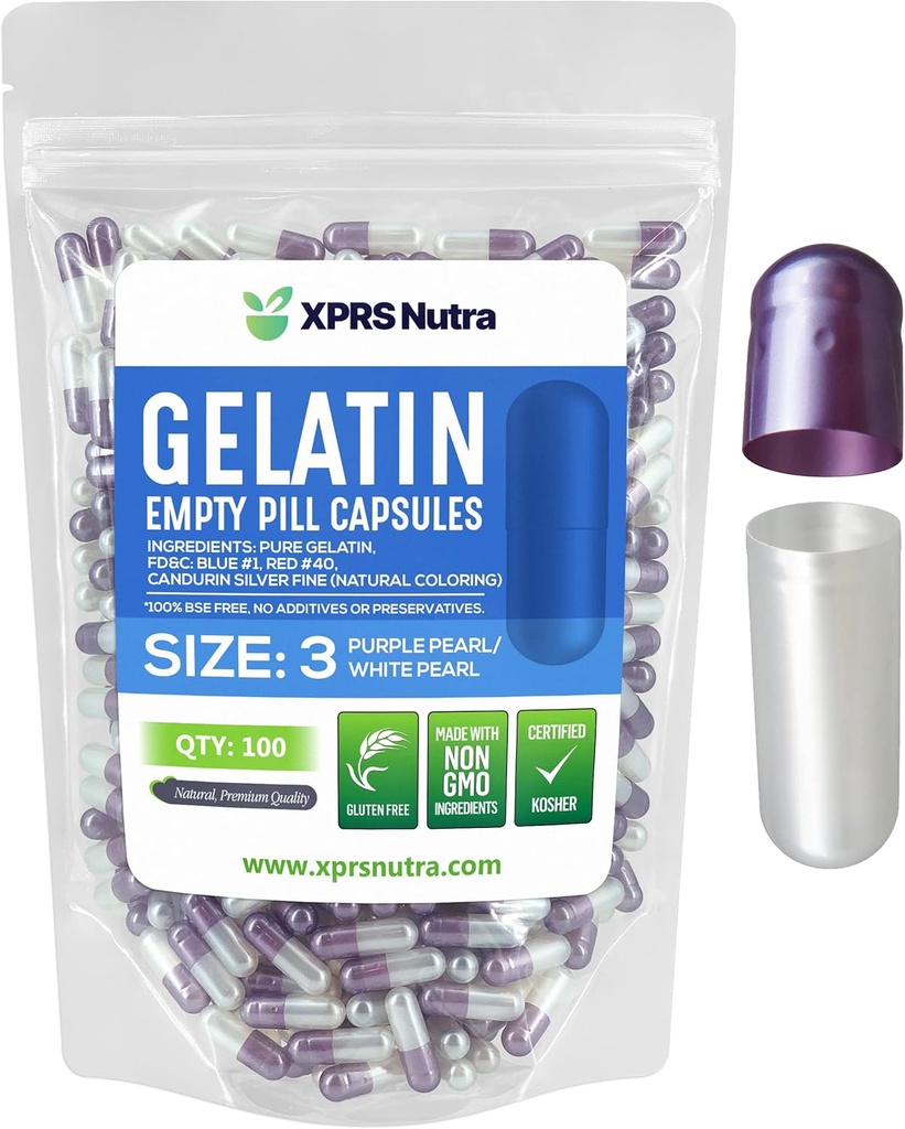 XPRS Nutra Taille 3 Capsules vides - 100 Compte Capsules de gélatine vides - Pills Bricolage Capsule Remplissage - Pure Pilule Gel Caps pour Do-It-Youlf Suppléments (Pearl Purple/White)