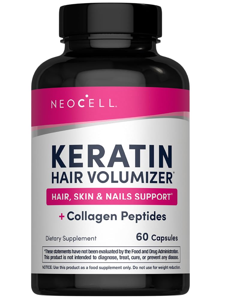 Volumisateur de cheveux NeoCell Keratin avec collagène, extrait d'amla et vitamine C, supplément cheveux et peau, Capsule, 60 Compte, 1 bouteille