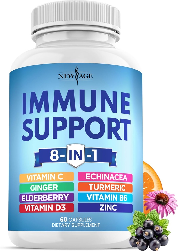 NEW AGE 8 in 1 Immune Support Booster Supplément avec Echinacea, vitamine C et zinc 50mg, vitamine D 5000 UI, curcumine et gingembre, B6, Elderberry 60 Compte (paquet de 1)