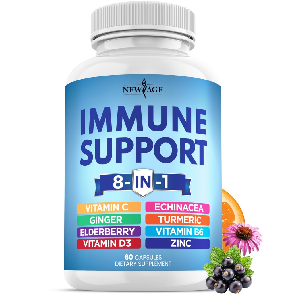 NEW AGE 8 in 1 Immune Support Booster Supplément avec Echinacea, vitamine C et zinc 50mg, vitamine D 5000 UI, curcumine et gingembre, B6, Elderberry 60 Compte (paquet de 1)