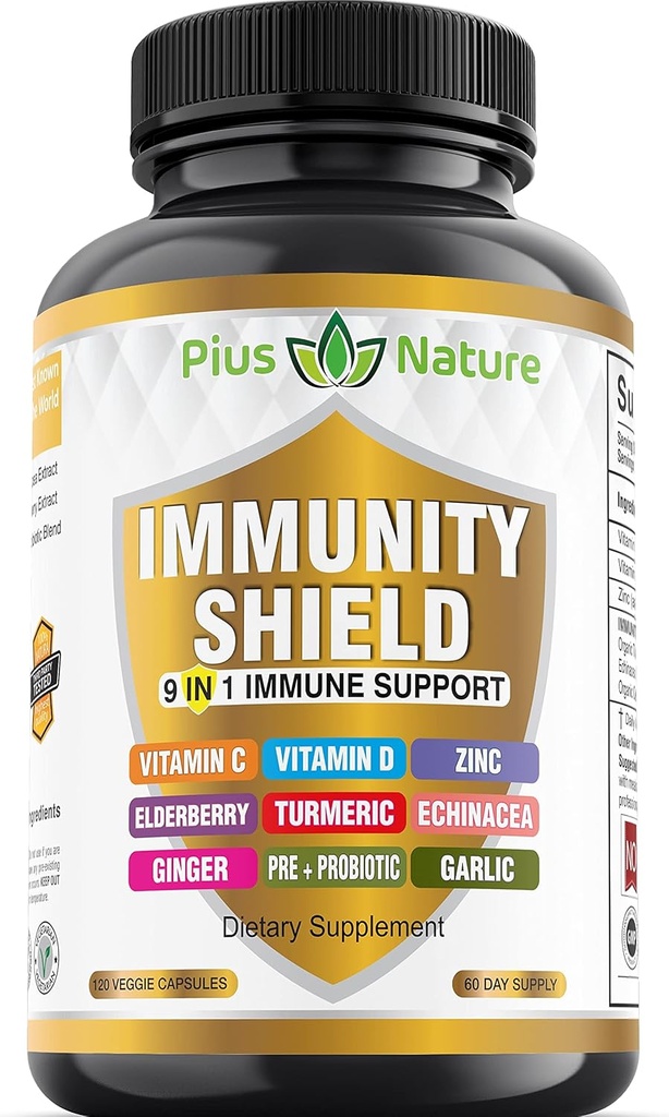 9-in-1 Immune Support Vitamin C (1000mg), Vitamin D3 (5000 IU), Zinc(22mg) with Elderberry, Turmeric, Echinacea, Ginger, Garlic and Pre+Pro-Biotic per Serving (120 caps per Bottle - 2 Month Supply)