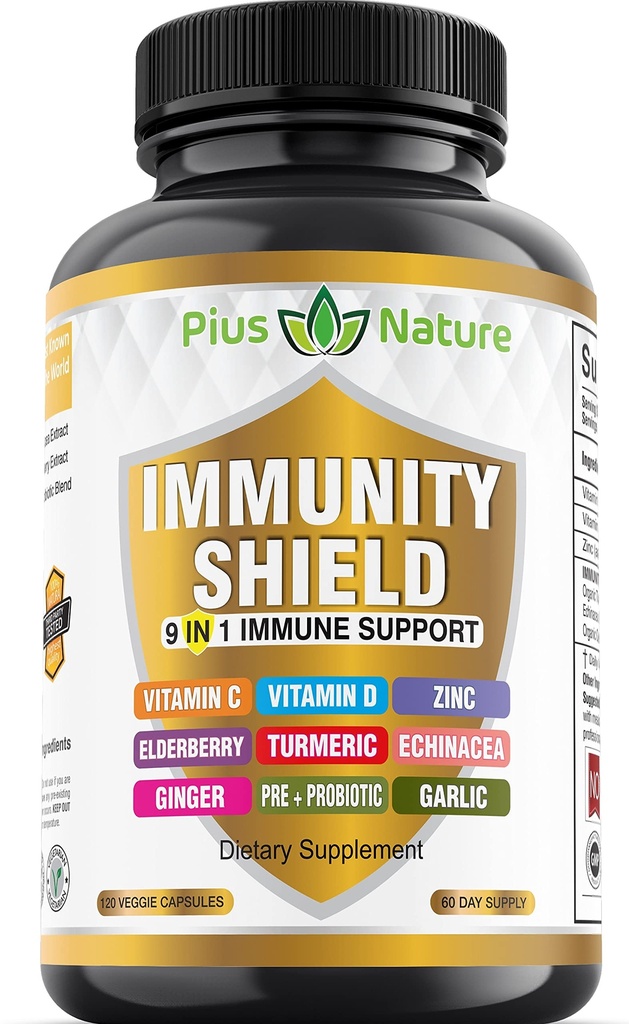 Soutien immunitaire 9-en-1 Vitamine C (1000mg), Vitamine D3 (5000 UI), Zinc (22mg) avec Elderberry, Turmeric, Echinacea, Ginger, Ail et Pré+Pro-Biotique par portion (120 capsules par bouteille - 2 mois d'approvisionnement)