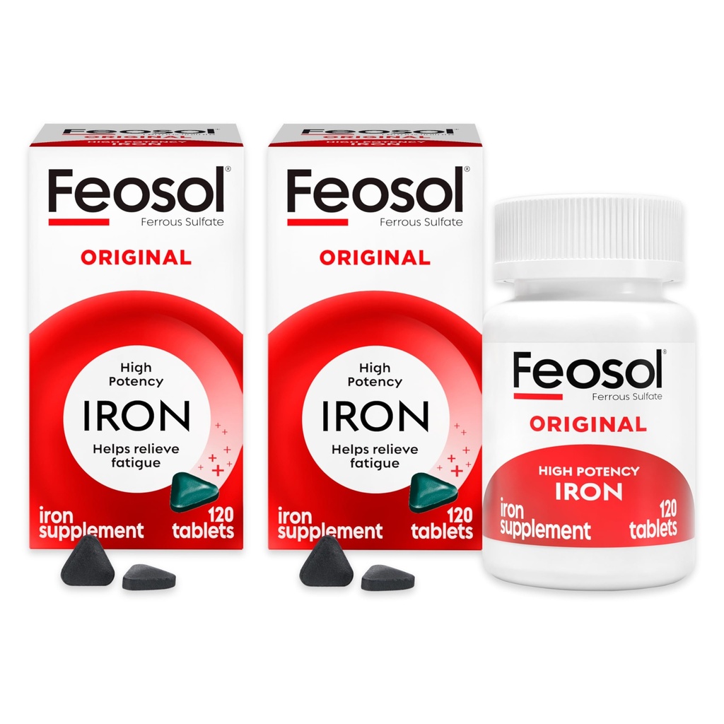 Comprimés de supplément de fer d'origine Feosol, non hémique 325mg Sulfate de fer (65mg de fer élémentaire) par pilule, 1 par jour, 4 mois d'approvisionnement, pour l'énergie et le système immunitaire (120 ct Pack de 2)