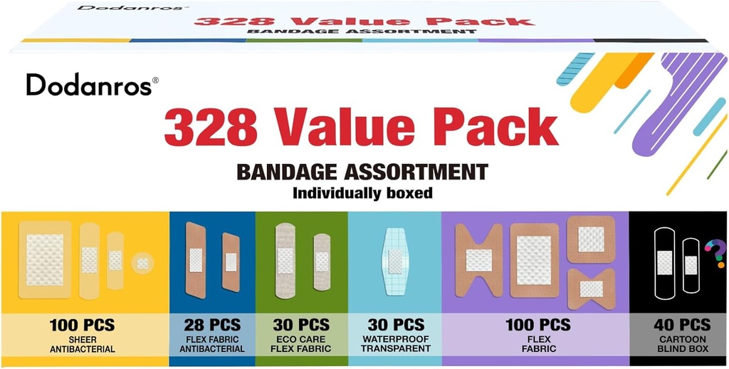 Variété Bandages Pack, 328ct Assortiment Bulk Tailles, Formes et Caractéristiques Variable Tissu Sheer & Flex avec Benzalkonium, Tissu ECO Bamboo, Imperméable, Cartoon Blind Box Bandes