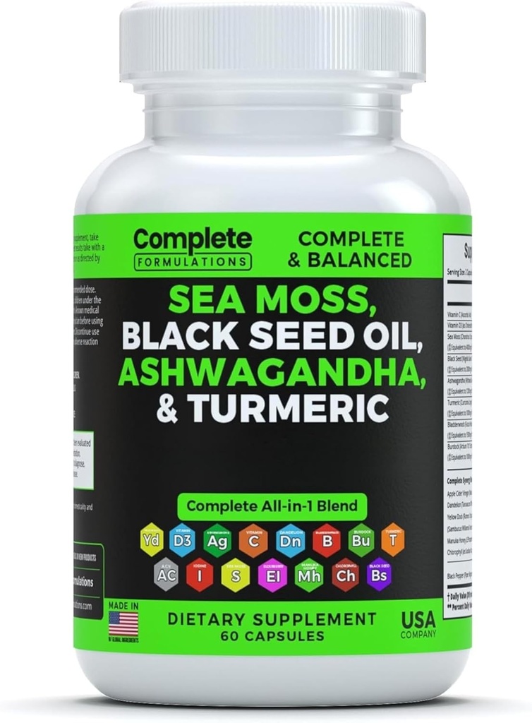 Supplément de mousse de mer avec huile de graine noire Ashwagandha Turmeric Bladderwrack, Burdock & Vitamine C & D3 avec Iodine à quai jaune de Manuka