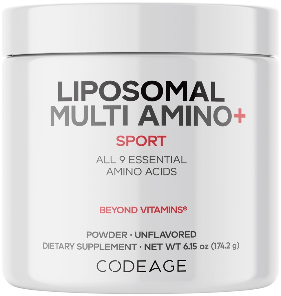 Codeage Supplément en poudre multi amino liposomique - BCAA & supplément EAA Tous les 9 acides aminés essentiels, acide amino à chaîne ramifiée, avant et après l'entraînement, non aromatisé, livraison liposomique, non OGM, 6,15 oz