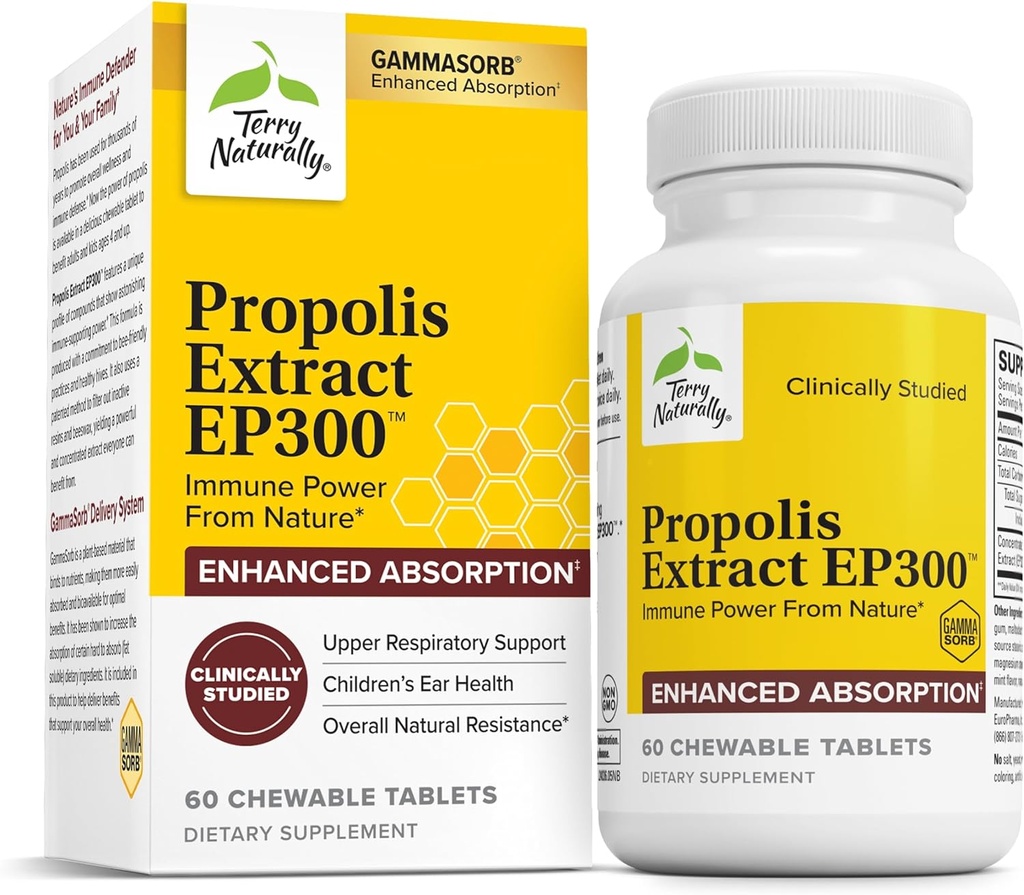 Terry Naturally Propolis Extract EP300 - Upper Respiratory & Immune System Support Supplement - Non-GMO with Bee Propolis Extract - Child & Adult Supplement - 60 Chewable Tablets