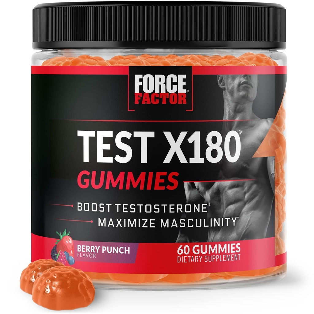 Force Factor Test X180 Gummies Testostérone Booster pour les hommes avec Tongkat Ali, Horny Goat Weed, Tribulus Terrestris, Fenugreek, & Black Maca, Supplément hommes, Berry Punch, 60 Gummies, 1-Pack