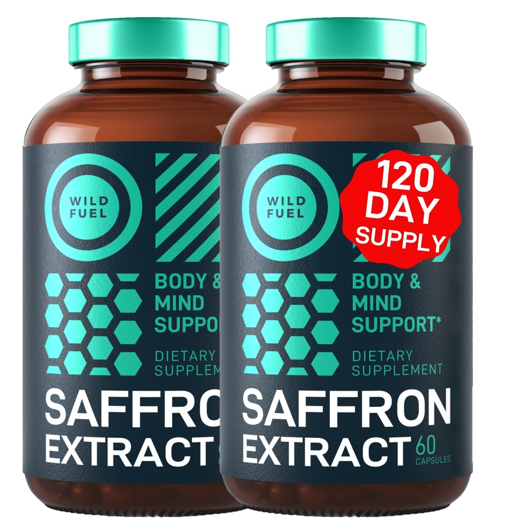 Supplément d'antioxydants pour l'extrait de safran pur WILD FUEL - Soin des yeux, de l'énergie et de l'humeur Safran heureux - 0,3% Safranal 88,5mg Suppléments -120 jours sans gluten, capsules de safran végétalien non OGM