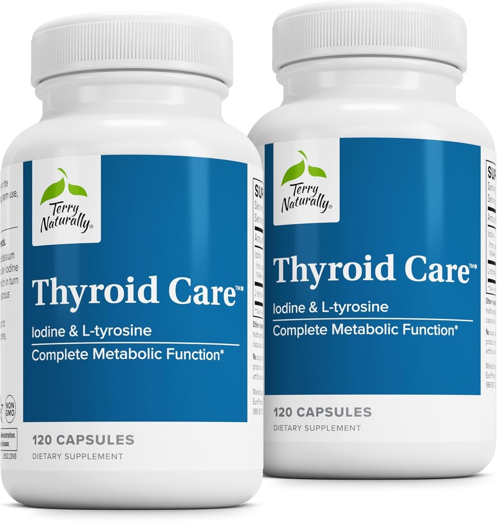 Terry Naturally Thyroïde Care - Immune Health & Energy Support Formula - Supplément nutritionnel avec Iodine pour Thyroïde Health Support - Supplément Wellness avec L-Tyrosine - 120 Capsules (Pack de 2)