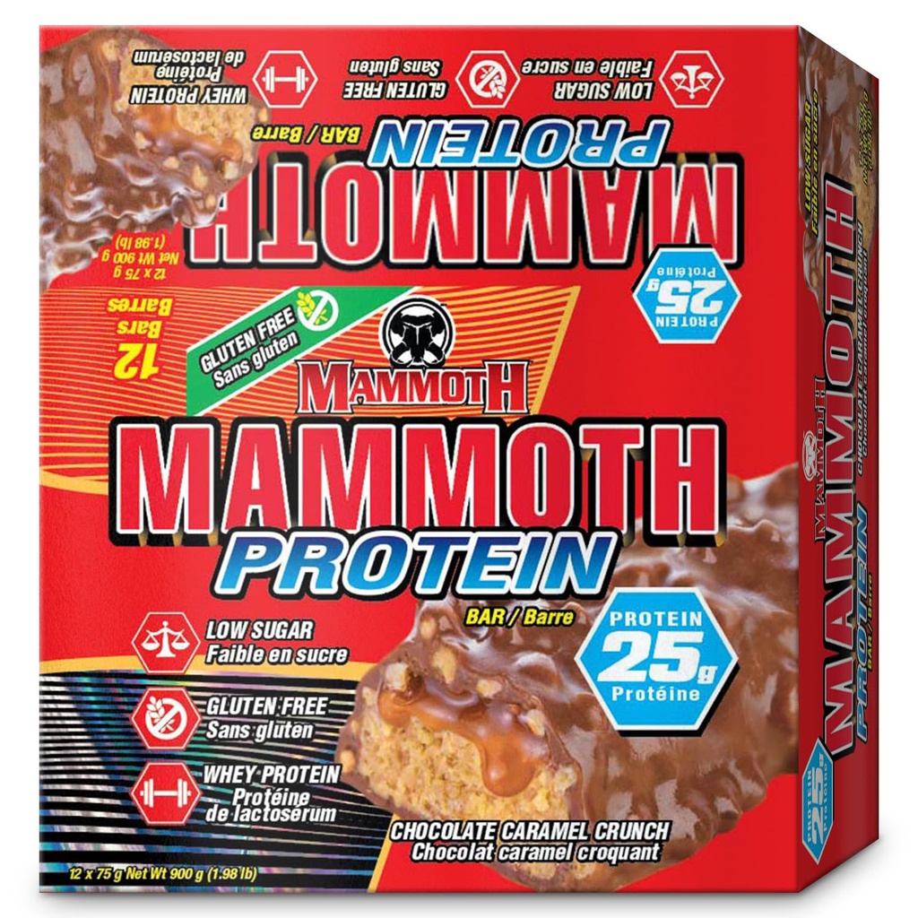 MAMMOTH Protein Bar, Chocolate Peanut Butter Crunch, 25g Protéines, Faible sucre, Faible Carb, Sans gluten, 12 x 65g (12 Compte) (Chocolate Peanut Butter Crunch) (12 Compte, Chocolate Caramel Crunch)
