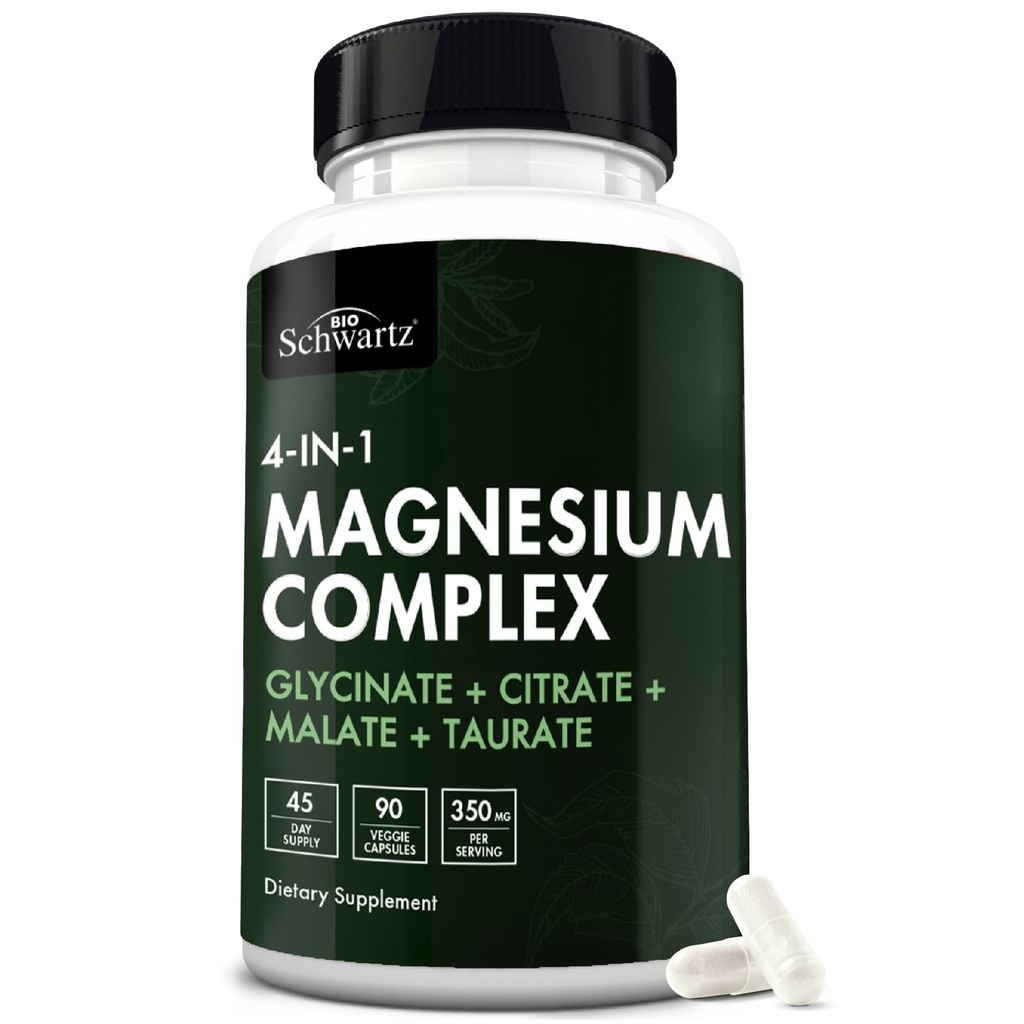 Supplément complexe de magnésium BioSchwartz (90 capsules) 350 mg de glycinate de magnésium Citrate de malate et de taurat par service pour les nerfs en bonne santé Muscles Soutien du sommeil cardiaque (Vegan, sans gluten, sans OGM)