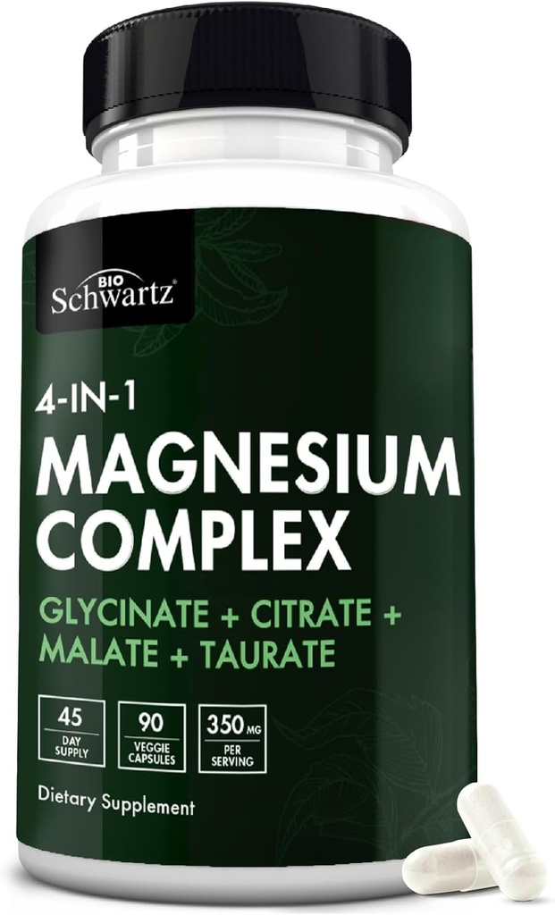 Supplément complexe de magnésium BioSchwartz (90 capsules) 350 mg de glycinate de magnésium Citrate de malate et de taurat par service pour les nerfs en bonne santé Muscles Soutien du sommeil cardiaque (Vegan, sans gluten, sans OGM)