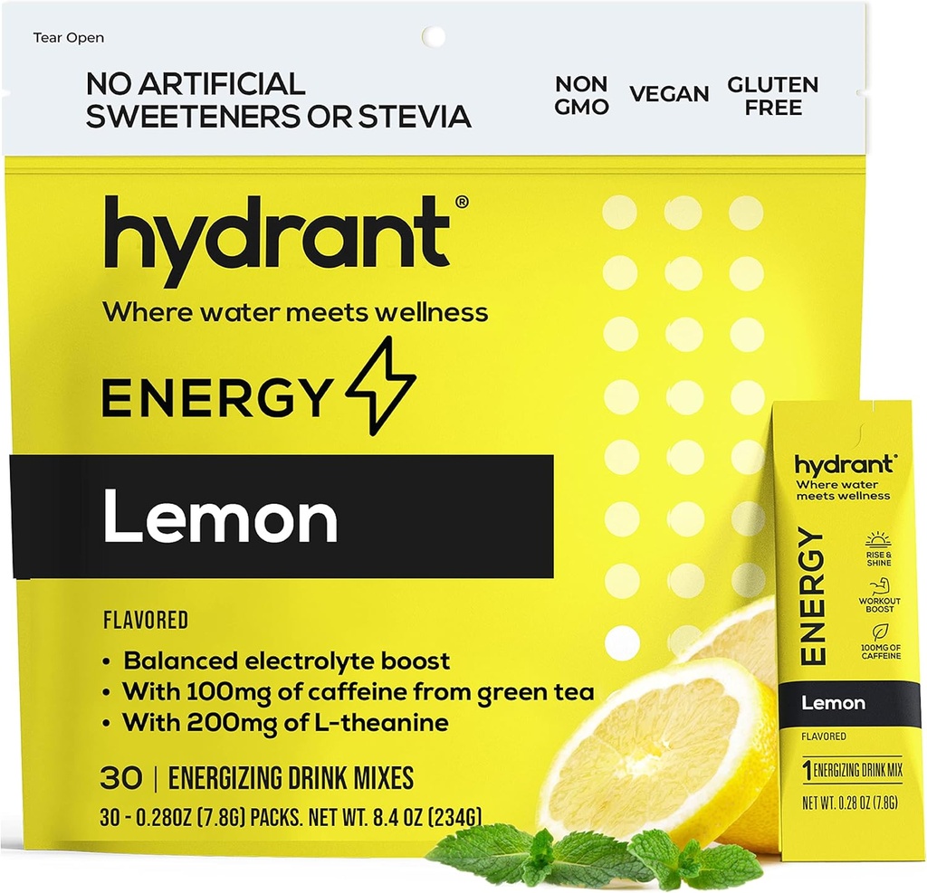 HYDRANT Energy Lemon Flavor 30 Stick Pack, Caféine & L-Theanine rapide mélange d'hydratation, électrolyte en poudre avec Zinc