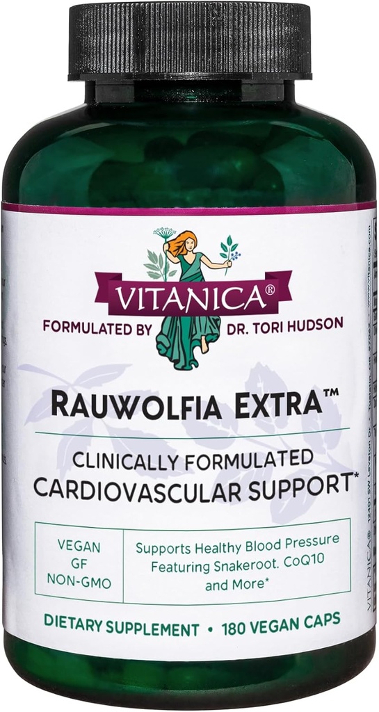 Vitanica Rauwolfia Extra - Supplément santé cardiaque - Supporte la pression artérielle déjà dans une gamme saine - Supplément avec Magnésium, CoQ10 & Snakeroot - 180 Caps végétaliens