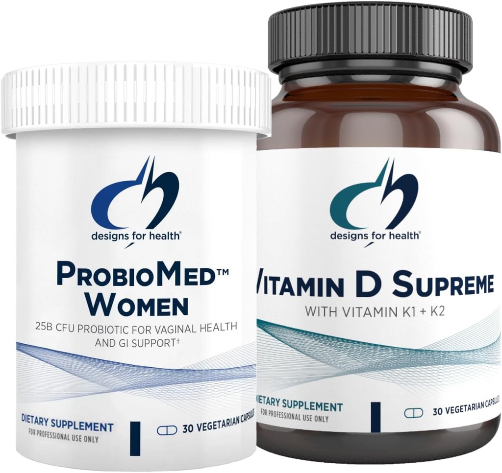 Designs for Health Vitamin D & Women's Probiotic Bundle - ProbioMed Women (30 Capsules) Gut Health & Vaginal Probiotic with Vitamin D Supreme (30 Capsules) with Vitamin K2 for Immune & Bone Health