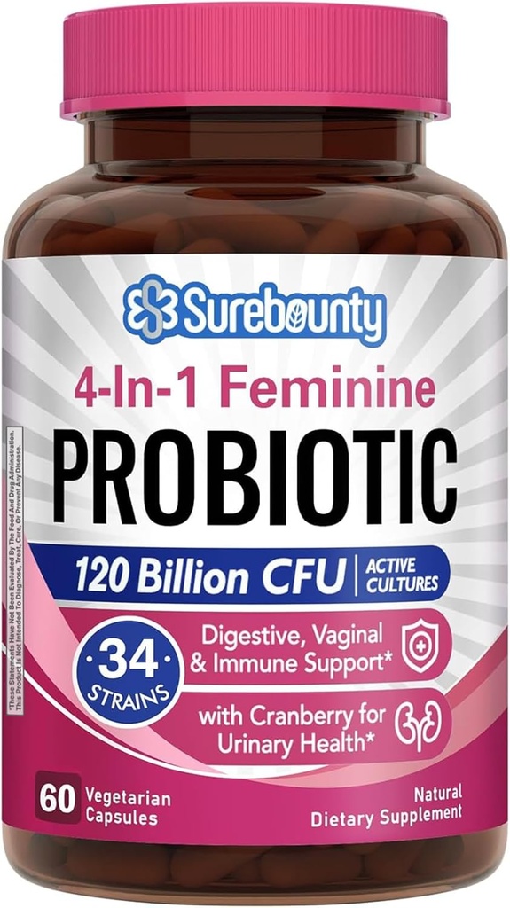 Probiotiques pour les femmes, 120 milliards CFU 34 souches, prébiotiques, enzymes digestives, canneberge, 4-en-1 probiotique féminine, digestif, vaginal, soutien immunitaire, 60ct