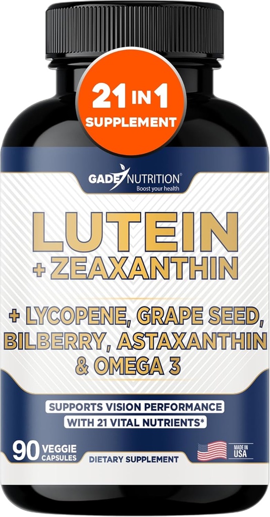 Gade Nutrition Lutéine et Zeaxanthin Suppléments de l'Astaxanthin Vitamines oculaires avec Omega 3, Resvératrol, Bilberry, Lycopène, Quercetin, Ginkgo Biloba, Vitamine D et autres soins oculaires Vitamines et minéraux