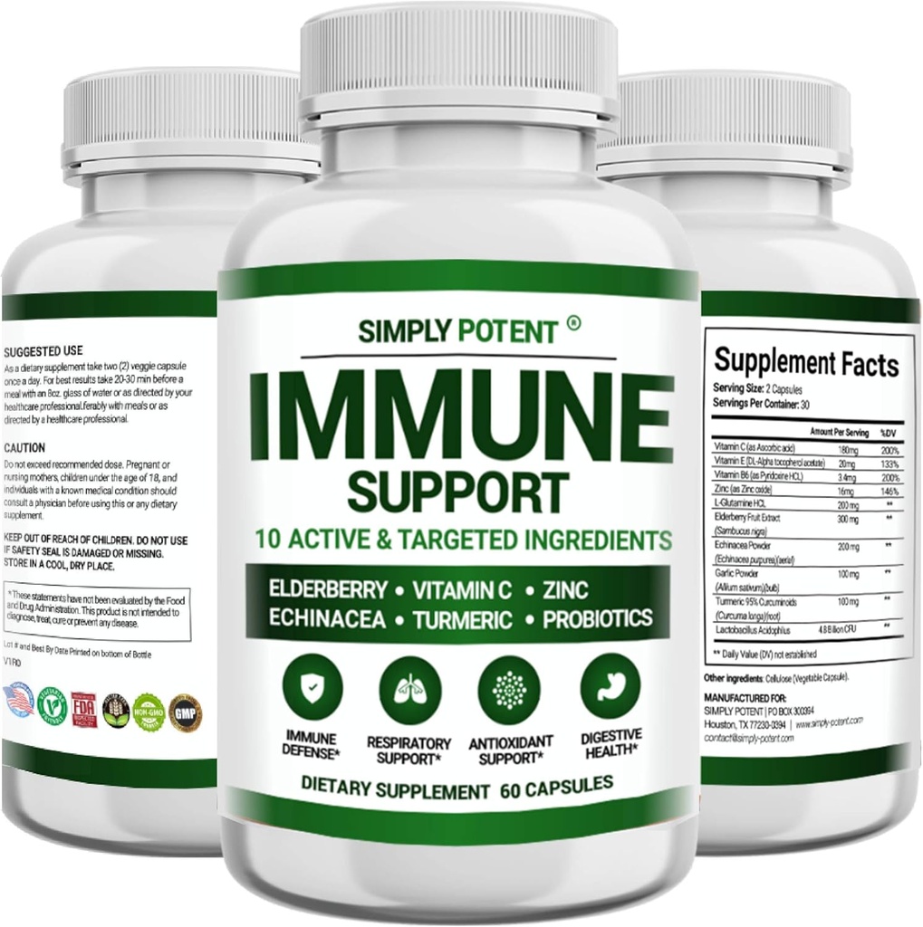 Supplément de soutien immunitaire, 10 en 1 Immunity Booster Blend of Elderberry, Vitamine C, Zinc, Echinacea, Turmeric, Probiotiques & Antioxydants pour la défense immunitaire, la santé respiratoire et digestive, 60 pilules