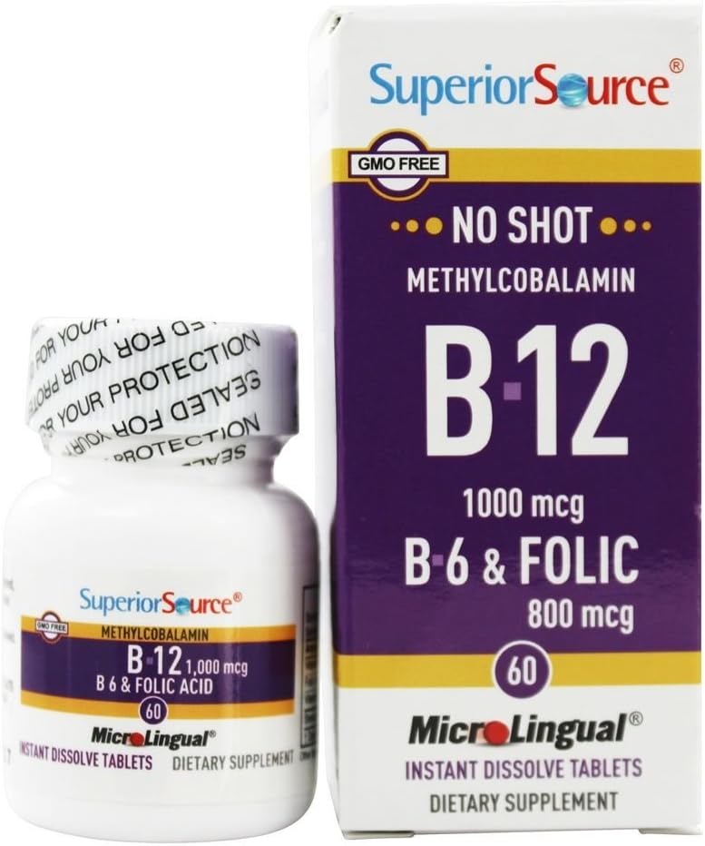 Source supérieure - Pas de shot B12 méthylcobalamine 1000 mcg avec B6 et acide folique 800 mcg. - 60 comprimés rapidement dissous