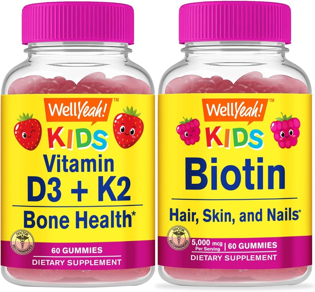 Eh bien oui Vitamine D3+K2 Enfants + Biotine Enfants, Gommies Bundle - Grande dégustation, supplément de vitamine, sans gluten, sans OGM, gommy à croquer