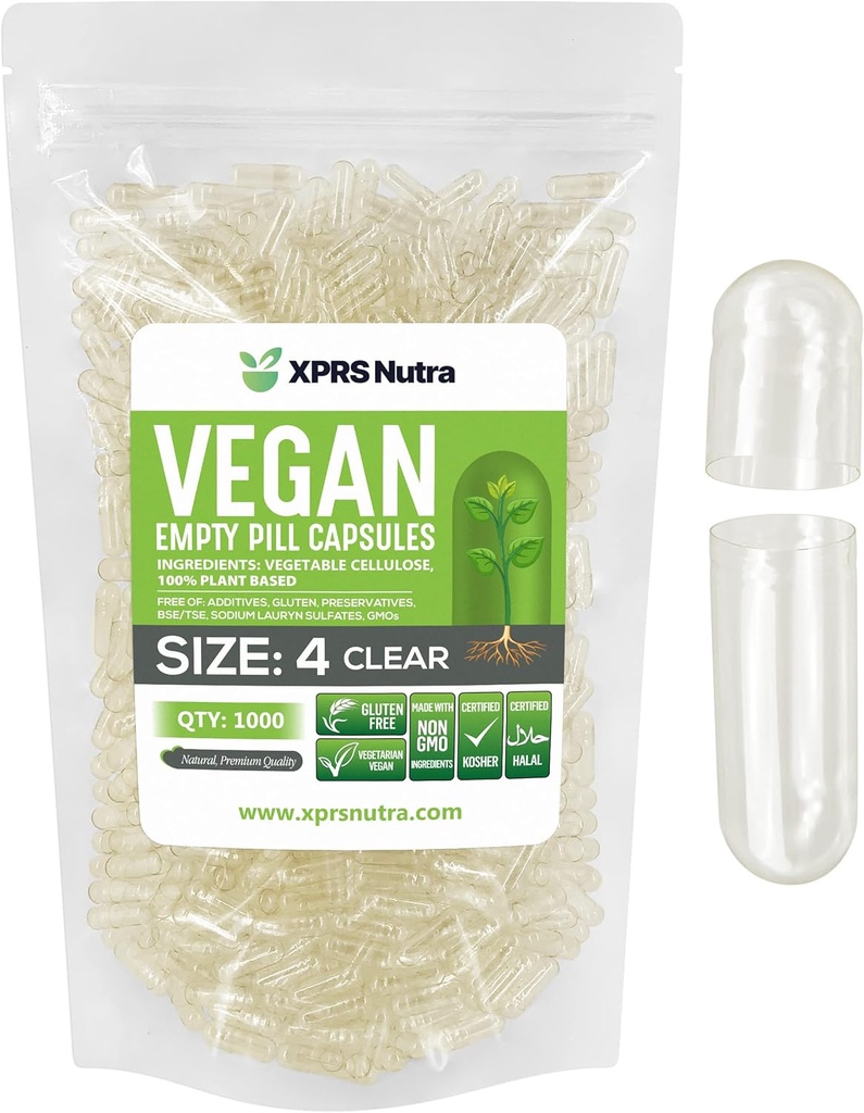 XPRS Nutra Taille 4 Capsules vides - 1000 Compter Petites Capsules Vegan vides - Pilules végétariennes - Garniture de capsules végétales bricolage - Remplir Do-It-Youlf Veggie Caps pour Suppléments