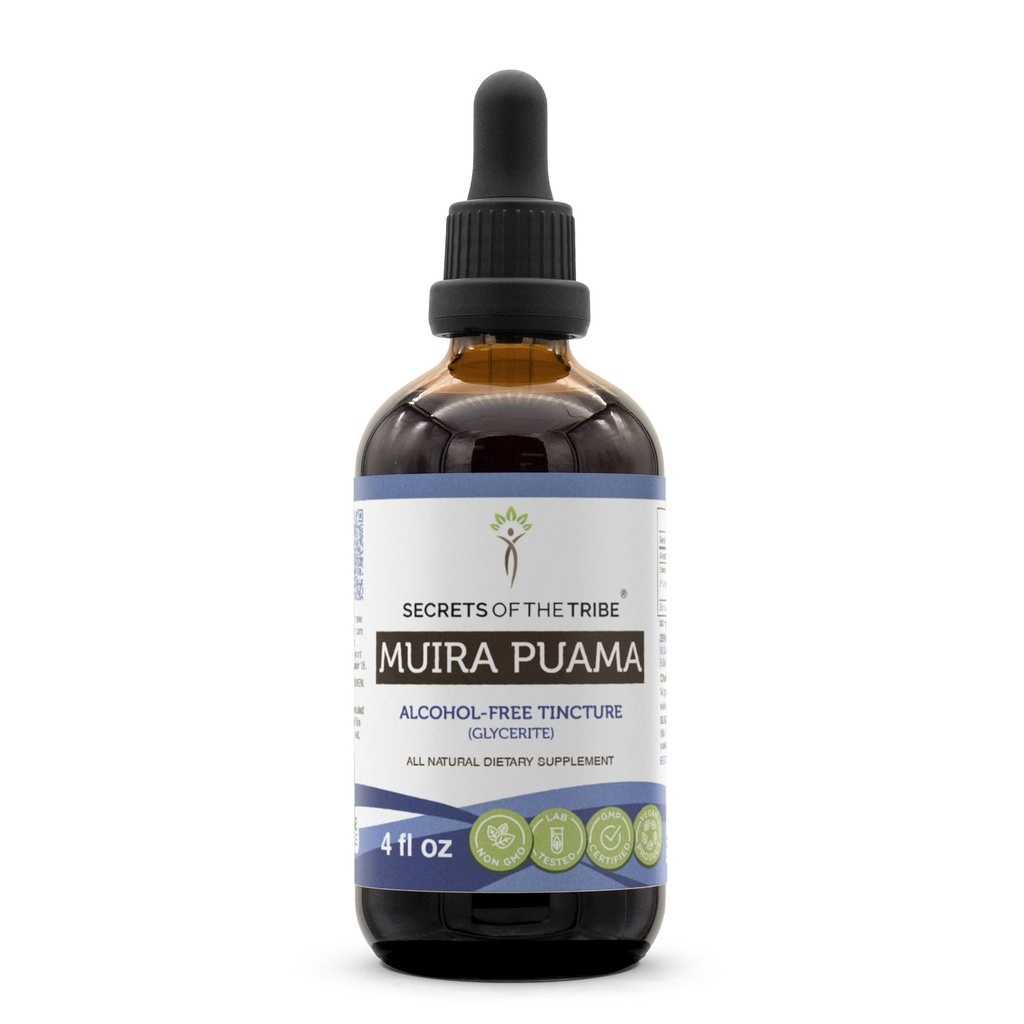 Secrets de la tribu Muira Puama Tection Extrait liquide sans alcool, Muira Puama (Ptychopetalum Olacoides) Bark séché (4 FL OZ)