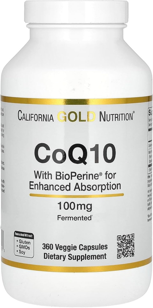 CoQ10 100 mg, Coenzyme Q10 Ubiquinone USP avec Pepper noir Bioperine pour l'absorption améliorée, soutient la fonction mitochondriale*, 360 capsules de Veggie