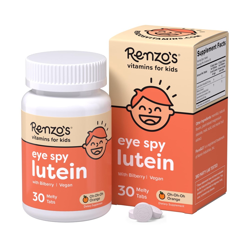 Renzo's Eye Spy Lutein avec Extrait de Bilberry, Vitamines pour la santé de l'œil, Suppléments sans sucre, 30 Tables de Melty à saveur orange