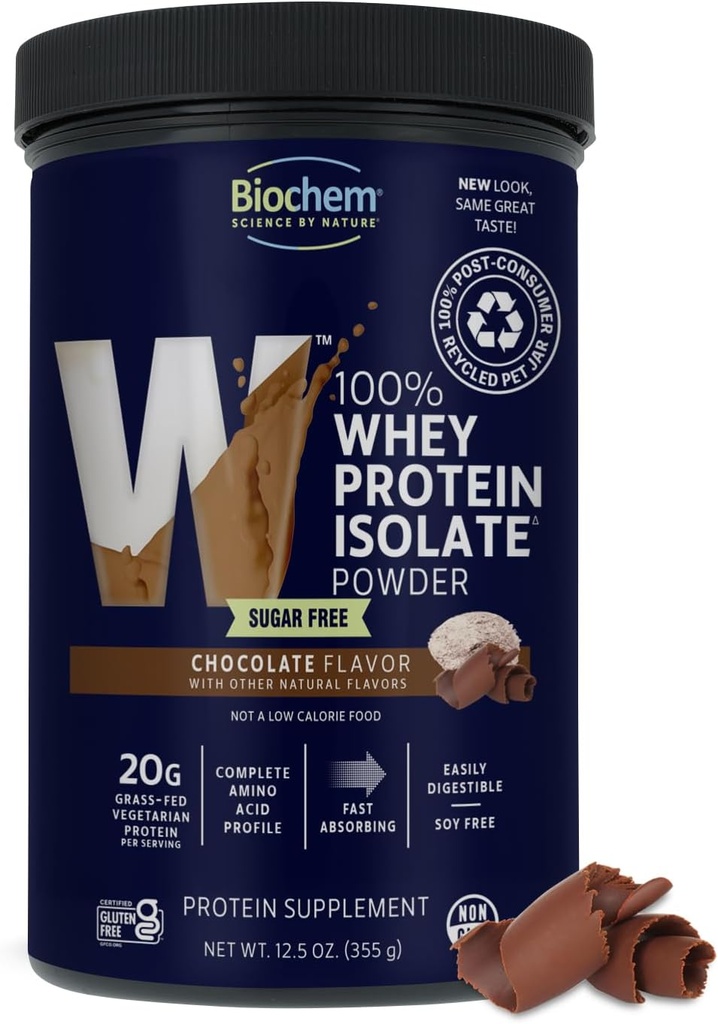 Biochem Chocolat 100% Whey sans sucre 20g, 12,5oz, Végétarien certifié, sans gluten certifié, certifié non-OGM testé, Keto amical, gazon