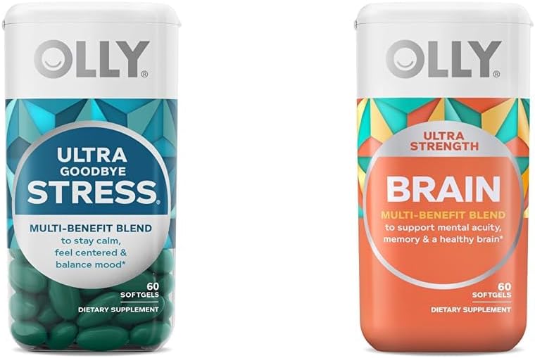 OLLY Ultra Strength Au revoir Stress Softgels, GABA, Ashwagandha, L-Theanine et Lemon Baume et Ultra Strength Brain Softgels, Nootropic, soutient la fonction cérébrale saine, la mémoire