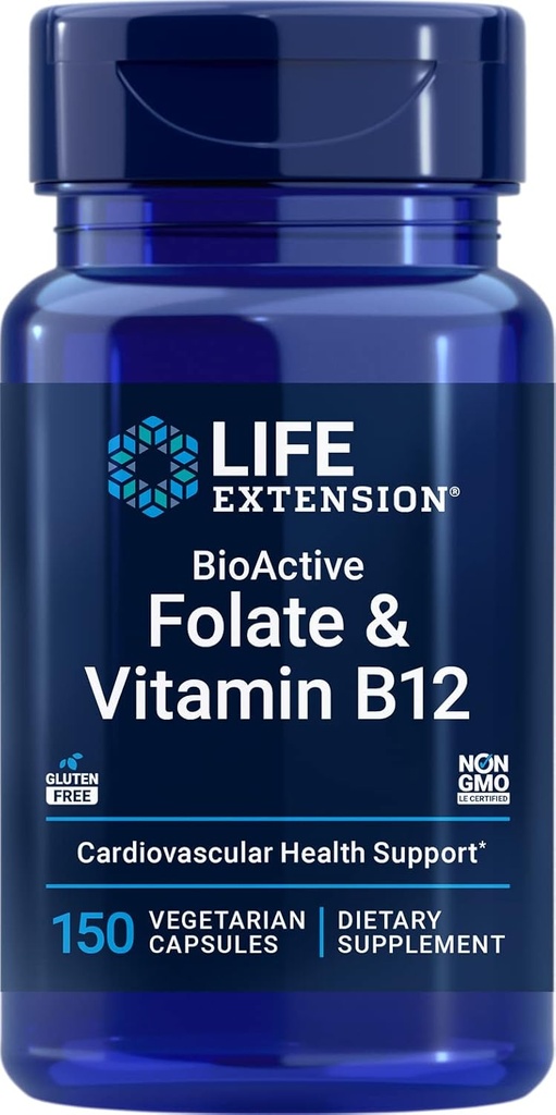 Prolongation de vie Folate BioActive et vitamine B12, 150 Capsules Végétariennes - Non OGM, Supplément sans gluten