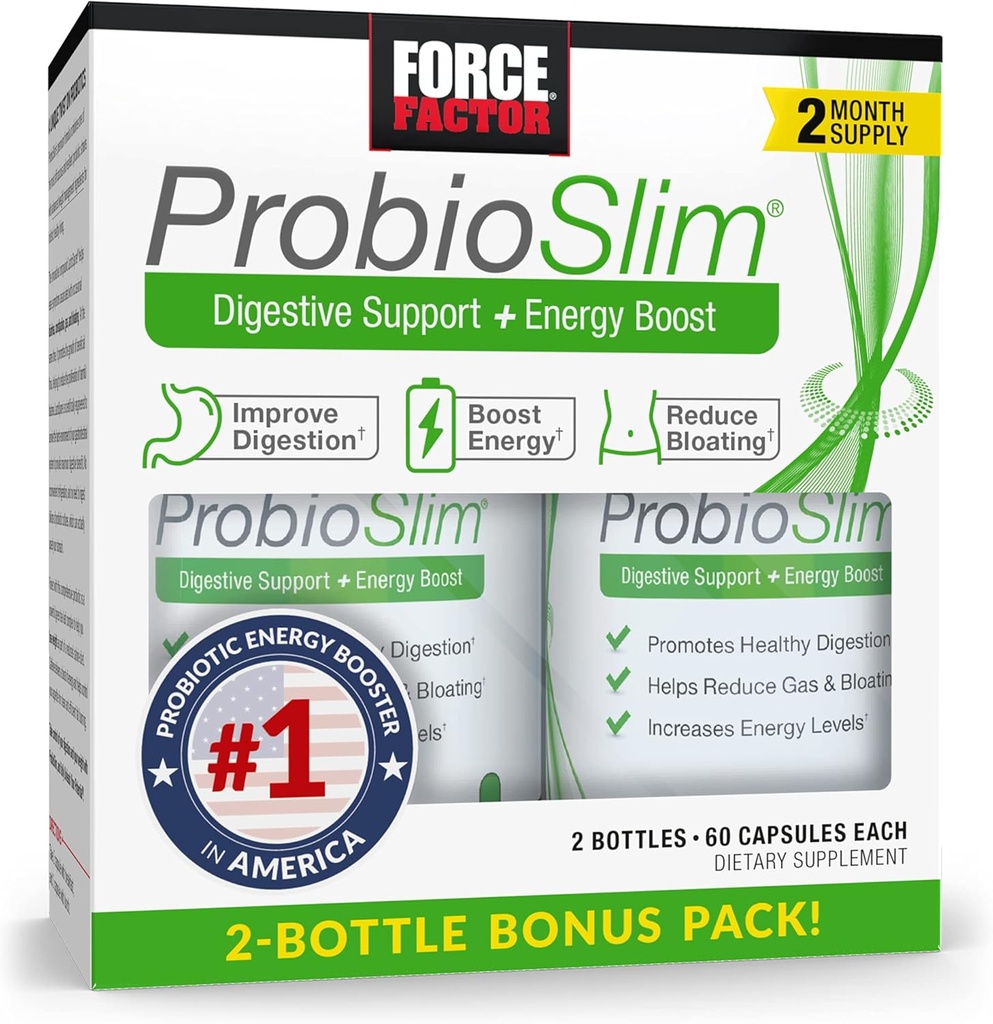 FACTEUR DE FORCE ProbioSlim Probiotique Supplément pour les femmes et les hommes avec des probiotiques et extrait de thé vert, réduire le gaz, le ballonnement, la constipation, le soutien de la santé digestive et gustative, 120 capsules (Twin Pack)