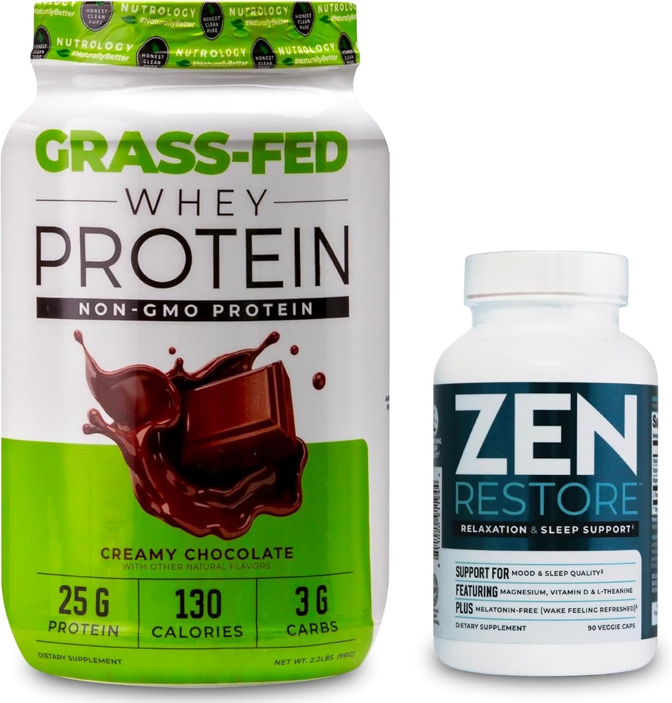 Nutrologie Poudre de protéines de fer à l'herbe, soutient la récupération musculaire maigre et la performance, crème au chocolat (28 portions) Supplément de magnésium naturel Zen (30 portions)