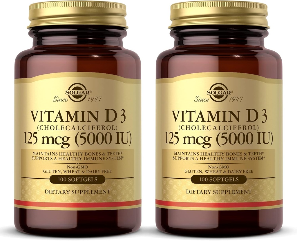 Solgar Vitamine D3 (Cholecalciferol) 10 mcg (400 UI) - 100 softgels, paquet de 2 - Aide à maintenir des os et des dents sains - Soutien du système immunitaire - Non-OGM, sans gluten, sans lait - 200 portions totales