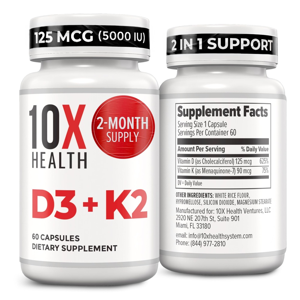 10X Vitamine D3 5000 UI et K2 MK7 pour la santé - Menaquinone 7, supplément de vitamine D3 K2 pour la santé osseuse, le coeur et les dents - 125 mcg Vitamine D et 90 mcg Vitamine K2-60 Capsules