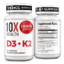 10X Vitamine D3 5000 UI et K2 MK7 pour la santé - Menaquinone 7, supplément de vitamine D3 K2 pour la santé osseuse, le coeur et les dents - 125 mcg Vitamine D et 90 mcg Vitamine K2-60 Capsules