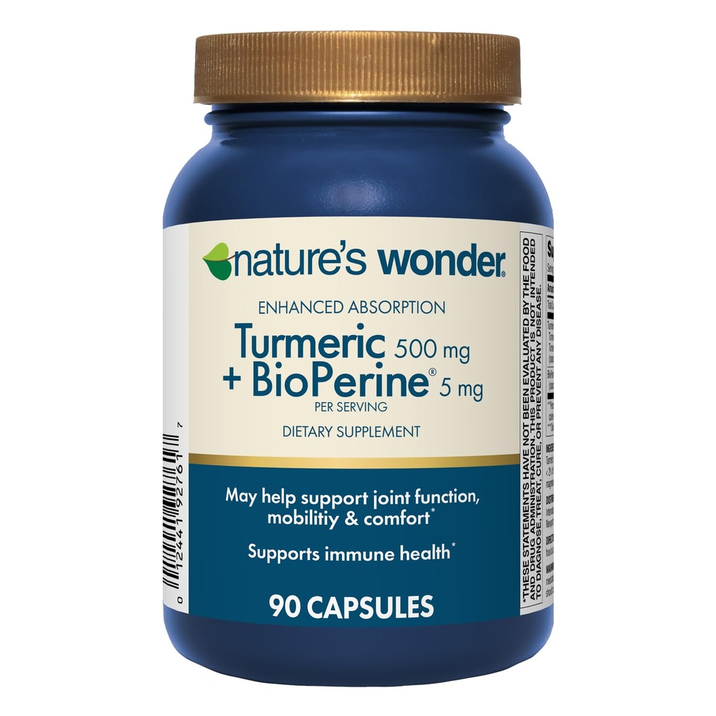 Nature's Wonder Turmeric Supplement with BioPerine - Complexe Turcuma d'absorption améliorée 500mg avec BioPerine 5mg pour la fonction conjointe, la mobilité et le confort, 90 Capsules curcuma végétariennes