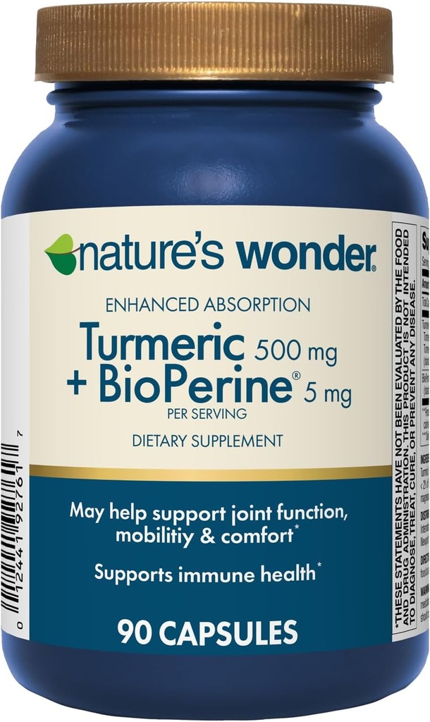 Nature's Wonder Turmeric Supplement with BioPerine - Complexe Turcuma d'absorption améliorée 500mg avec BioPerine 5mg pour la fonction conjointe, la mobilité et le confort, 90 Capsules curcuma végétariennes