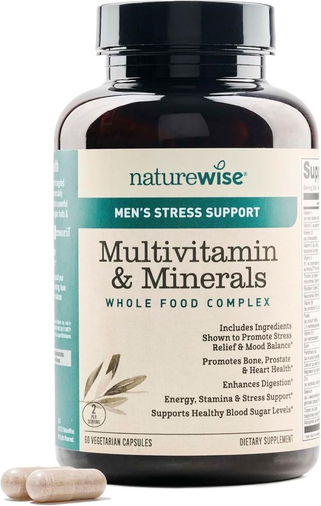 NatureWise Multivitamine pour les hommes + Stress Support + Fulvic Ionic Minerals + Probiotiques pour l'immunité, la santé masculine, la digestion + aliments biologiques entiers - Végétarien, Non-OGM - 60 Capsules[1-Mois]