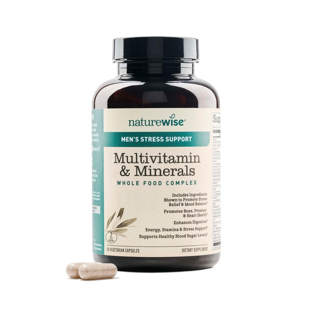 NatureWise Multivitamine pour les hommes + Stress Support + Fulvic Ionic Minerals + Probiotiques pour l'immunité, la santé masculine, la digestion + aliments biologiques entiers - Végétarien, Non-OGM - 60 Capsules[1-Mois]