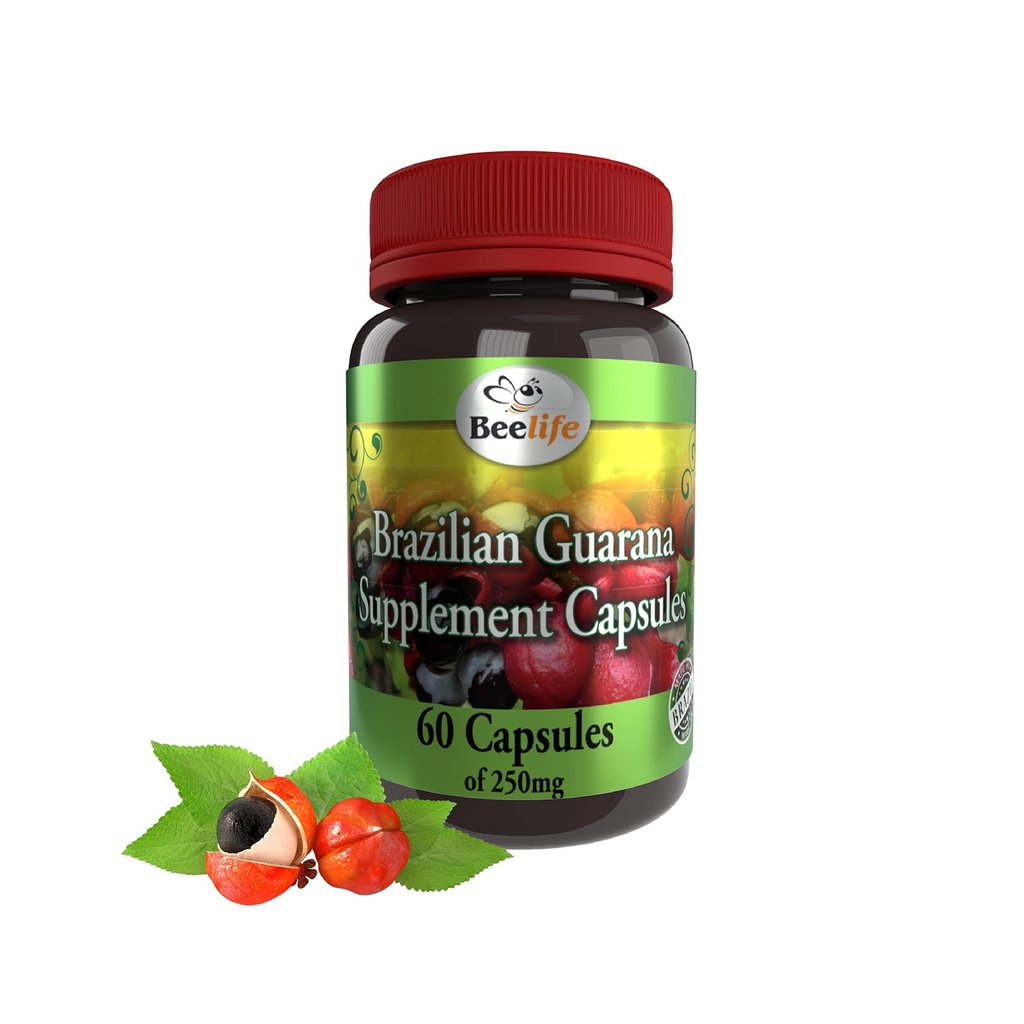 Capsules de Guarana Brésilienne Beelife - Suppléments naturels de caféine du Brésil - Énergie et Focus Mental, Soutien musculaire - Gluten zéro, Pas d'entraînement pré sucre pour les hommes et les femmes - 250mg 60 Caps