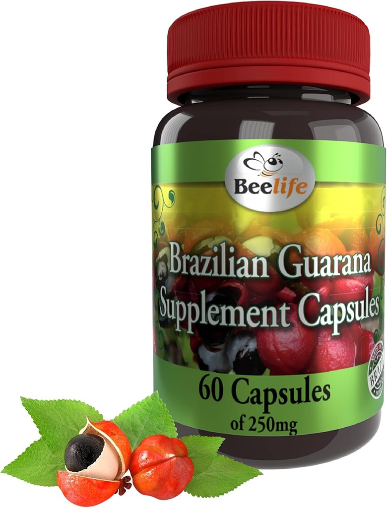Capsules de Guarana Brésilienne Beelife - Suppléments naturels de caféine du Brésil - Énergie et Focus Mental, Soutien musculaire - Gluten zéro, Pas d'entraînement pré sucre pour les hommes et les femmes - 250mg 60 Caps
