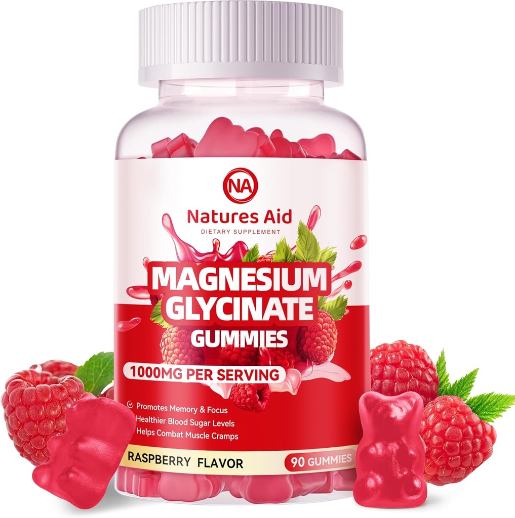 Glycinat de magnésium Gommies 1000mg - Supplément de potassium de magnésium sans sucre avec vitamine D, B6, CoQ10 pour l'humeur calme et le sommeil - 90 Gommies de framboise.