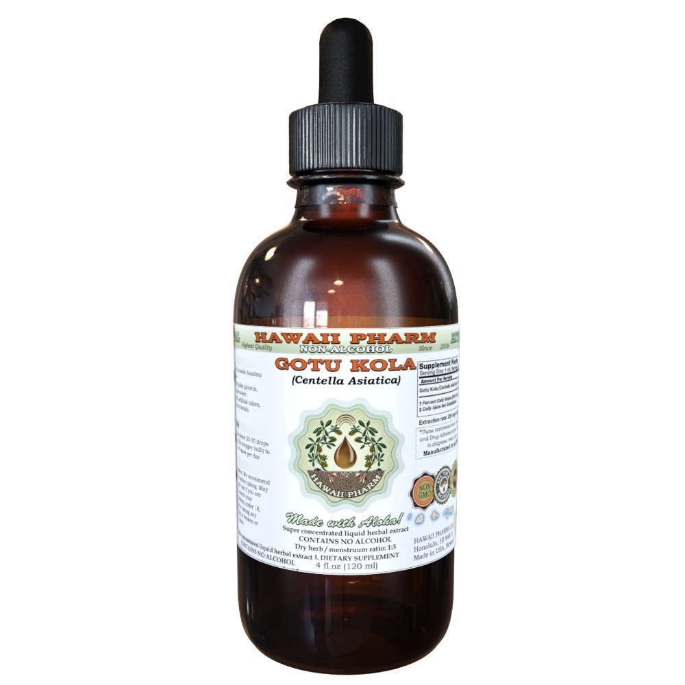 Gotu Kola Extrait liquide sans alcool, Gotu Kola biologique (Centella Asiatica) Feuille séchée Glycérite Hawaii Pharm supplément naturel à base de plantes 4 oz