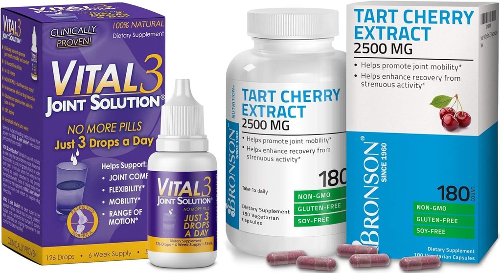 Bronson Vital 3 Joint Solution® Clinically Proven Liquid Knee Relief Supplement Tart Cherry Extract 2500 mg Vegetarian Capsules