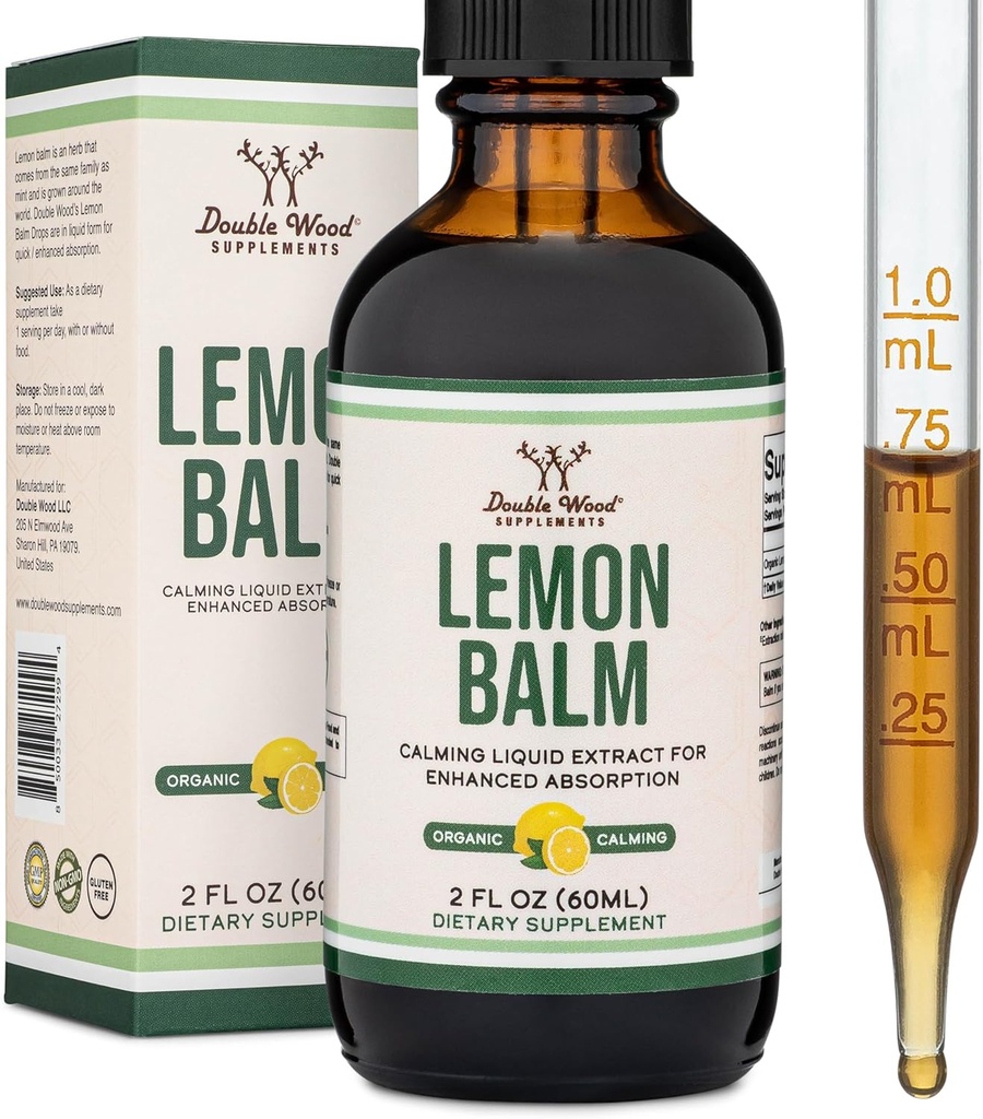 Double Wood Suppléments Bio Lemon Baume Teinture - pour Digestion et Relaxation 590mg - 2FL OZ, 120 portions (Meilleur Absorbé que Capsules, Idéal pour Lemon Baume Tea)